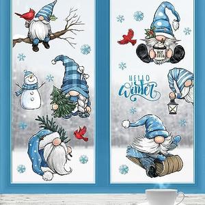 Yovkky Hello Winter Gnome Window Clings 9 Sheets, Snowman Cardinal Red Birds Christmas Tree Stickers Decals Decor, Pine Branch Snowflakes Holiday Home Kitchen Decorations, 2 Pack