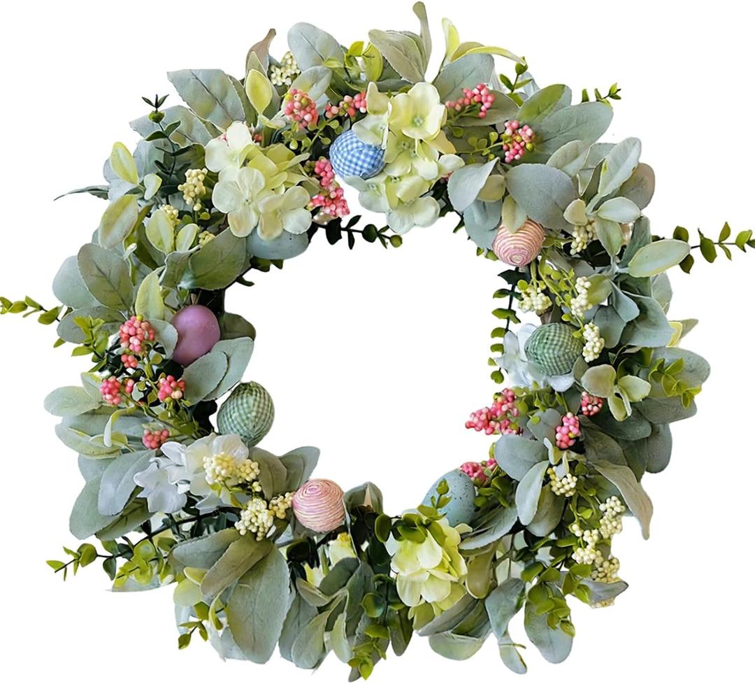 Easter Wreaths for Front Door, 20 inch Easter Door Wreath Decorations with Eggs Lambs Ear Leaves, Artificial Spring Wreath with Hydrangeas Flowers for Home Wall Window Farmhouse Decor