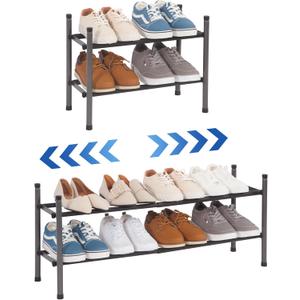STORAGE MANIAC Expandable Shoe Rack, 8 Pairs Stackable Small Shoe Rack, Metal Adjustable Shoes Organizer for Closet, Entryway, Hallway, Garage, Front Door, Shoes Shelves, Black 2 Tier