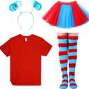 Women Tulle Tutu Costume Accessories Set, Women T Shirt Striped Thigh High Socks Adult Tutu Skirt Blue Headband (Large, Funny Color)