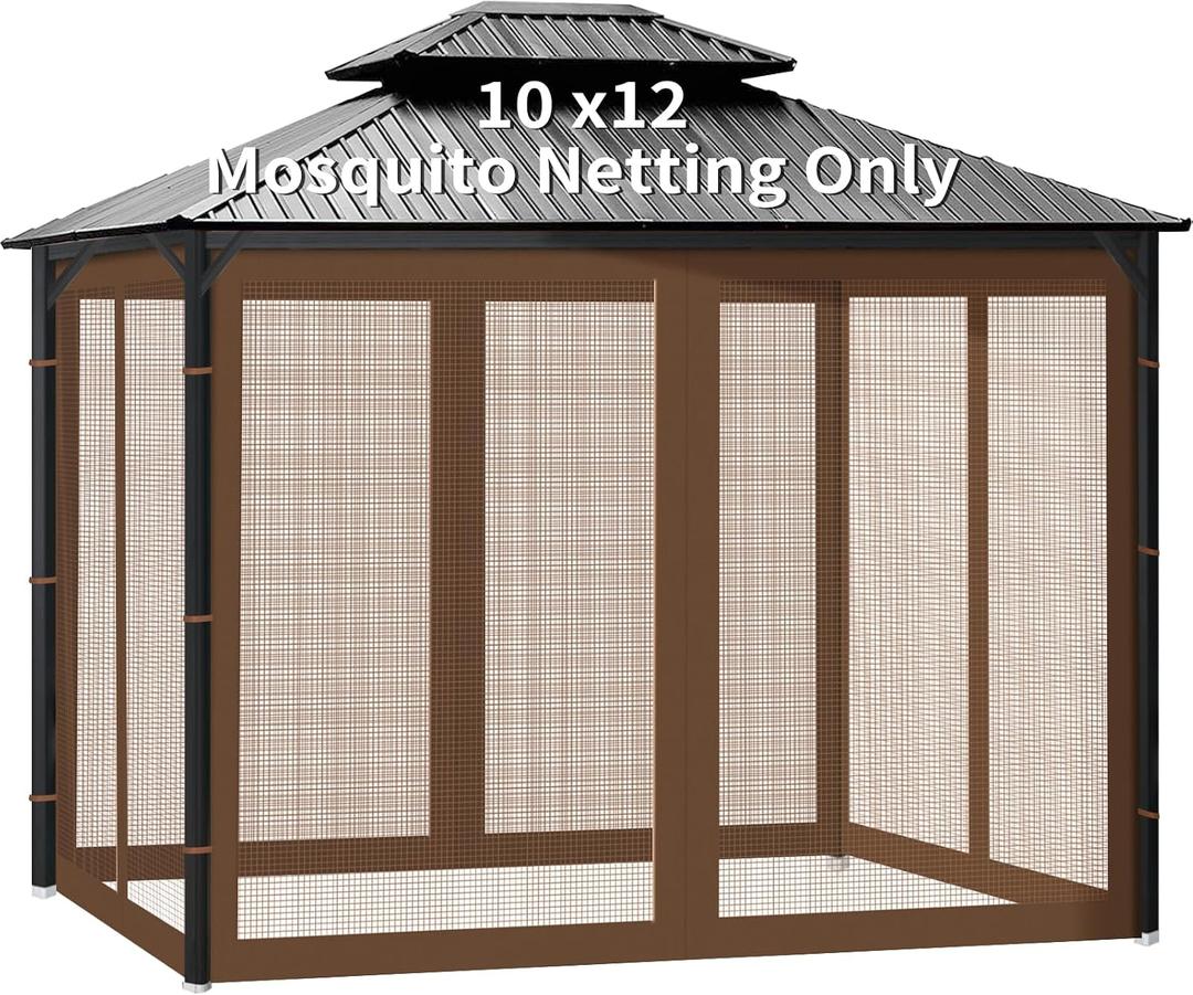 Gazebo Universal Replacement Mosquito Netting, 10' x 12' Outdoor Canopy Net Screen 4-Panel Sidewall Gazebo Curtains, with Zippers, Easy to Install, Fit for Most Gazebos 10x12 CanopyPatio Brown