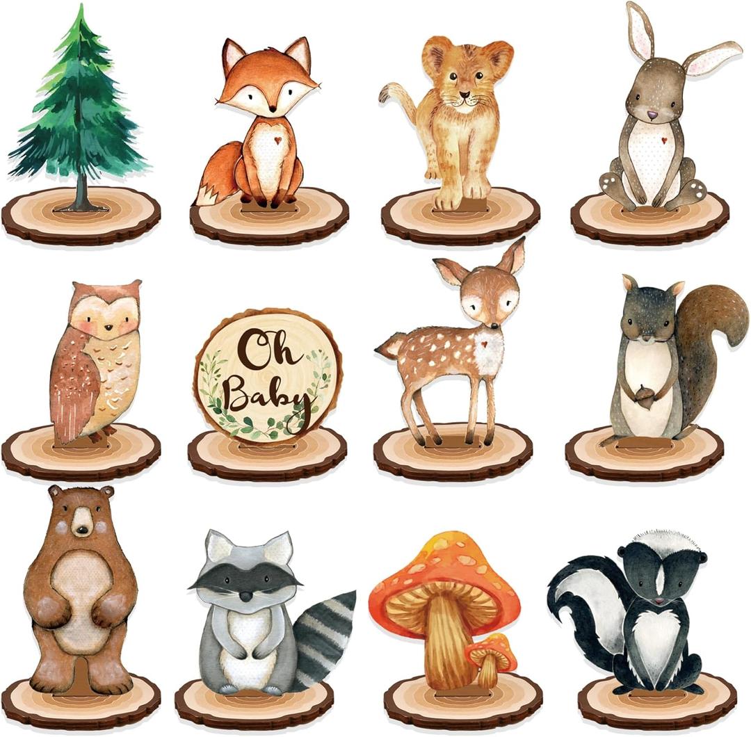 Uflashmi 12Pcs Woodland Animal Tabletop Centerpieces Decor, Forest Wild Animal Cutout Shapes for Woodland Baby Shower Party Decorations, Wood