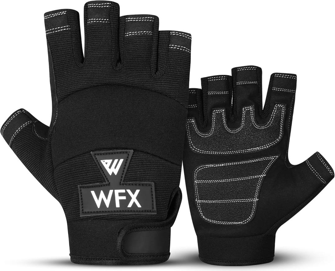 WFX Tough Fingerless Performance Gloves Protection Work Gloves, Padded Palm, Half-Finger Non-Slip Working Men Women (Black, L)