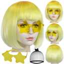 ANOGOL Hair Cap + (Sunglasses) Yellow Gradient Bob Wig with Bangs Womens Party Wigs with Star-Shaped Glasses Short Neon Wig Daily Party Fun Wigs Women Halloween Costume Bachelorette Hair