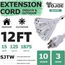 YOJOE 3-Outlets Indoor Outdoor Extension Cord, 3 Prong 15A Weatherproof Power Cord Multiple Outlets, 10 Gauge Heavy Duty 12 ft White Extension Cord for Garage, Garden, 10/3 SJTW UL Listed