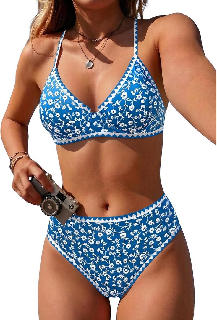 Jolefille Women High Waisted Bikini Sets-Tummy Control Swimsuit 2 Piece Bathing Suit Full Coverage Teens Underwire Top Floral (Blue, M)