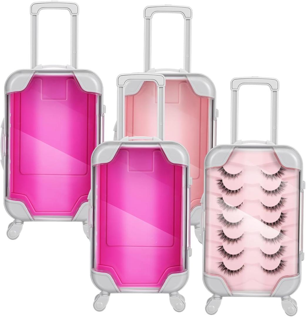 VILLCASE 4 Pack Mini Suitcase Favor Boxes - 6.5 Inch Portable Eyelash Storage Case with Rolling Wheels - Pink and Rose Red Lash Packaging Suitcase for False Eyelashes - Plastic Tiny Luggage