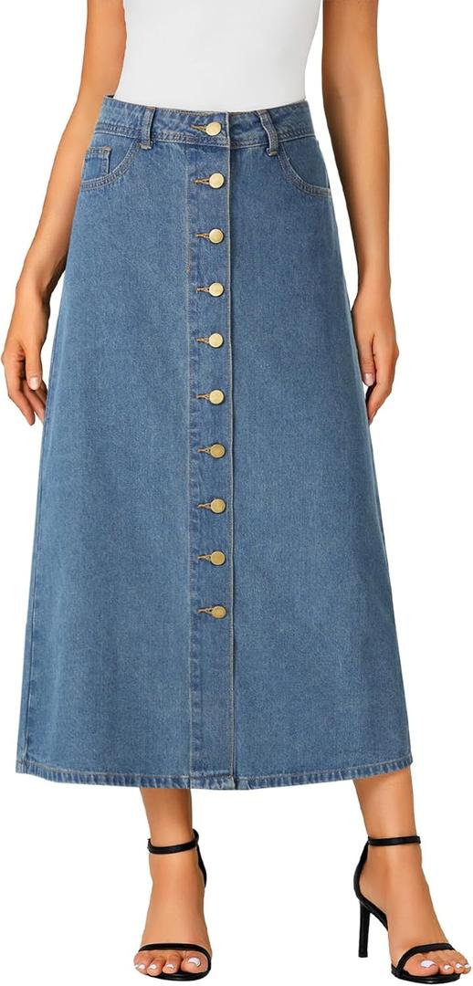 Vrtige Women's Casual Button Down High Waisted A Line Jean Midi Long Denim Skirt with Pockets Azure Small