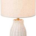 KUNJOULAM Rattan Table Lamp, Modern Wicker Desk Lamp with Linen Fabric Lampshade, 19.6" Weave Nightstand Light, Bedside Lamp for Bedroom Living Room Home Office Decor