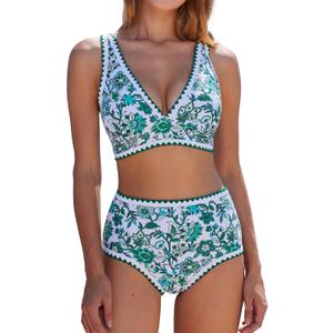 MOOSLOVER Women Bikini Sets Plunging High Waisted Swimsuit Whip Stitch 2 Piece Bathing Suits (Green, S)