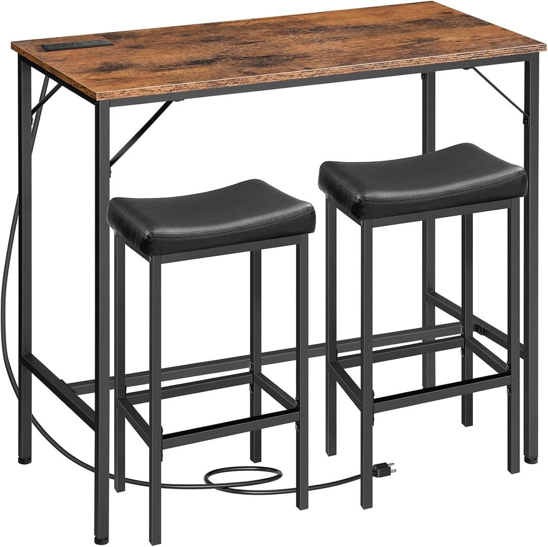 HOOBRO 3-Piece Bar Table and Chairs Set, 39.4" Pub Table, High Top Bar Table with Charging Station, 3-Piece Dining Table Kitchen Breakfast Table Set, for Kitchen, Small Space, Rustic Brown BF10UBT01