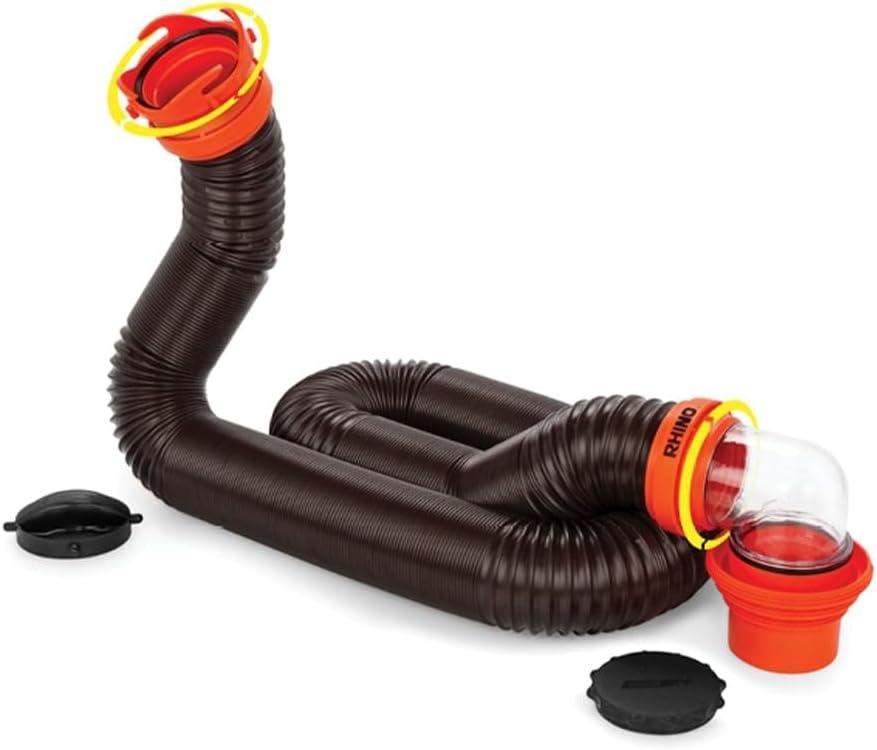 Camco RhinoFLEX 15-Ft Camper/RV Sewer Hose Kit - Features Clear Elbow Fitting w/Removable 4-in-1 Adapter - Connects to 3 Slip or 3/3.5/4 NPT Threaded Sewer Connection (39761)