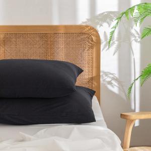 BESTOUCH 100% Washed Cotton Pillowcase for Hair and Skin Linen Feel Soft Comfortable Breathable 2 Set Pillow Case with Envelope Closure Solid Dark Black King 20x36 Inches