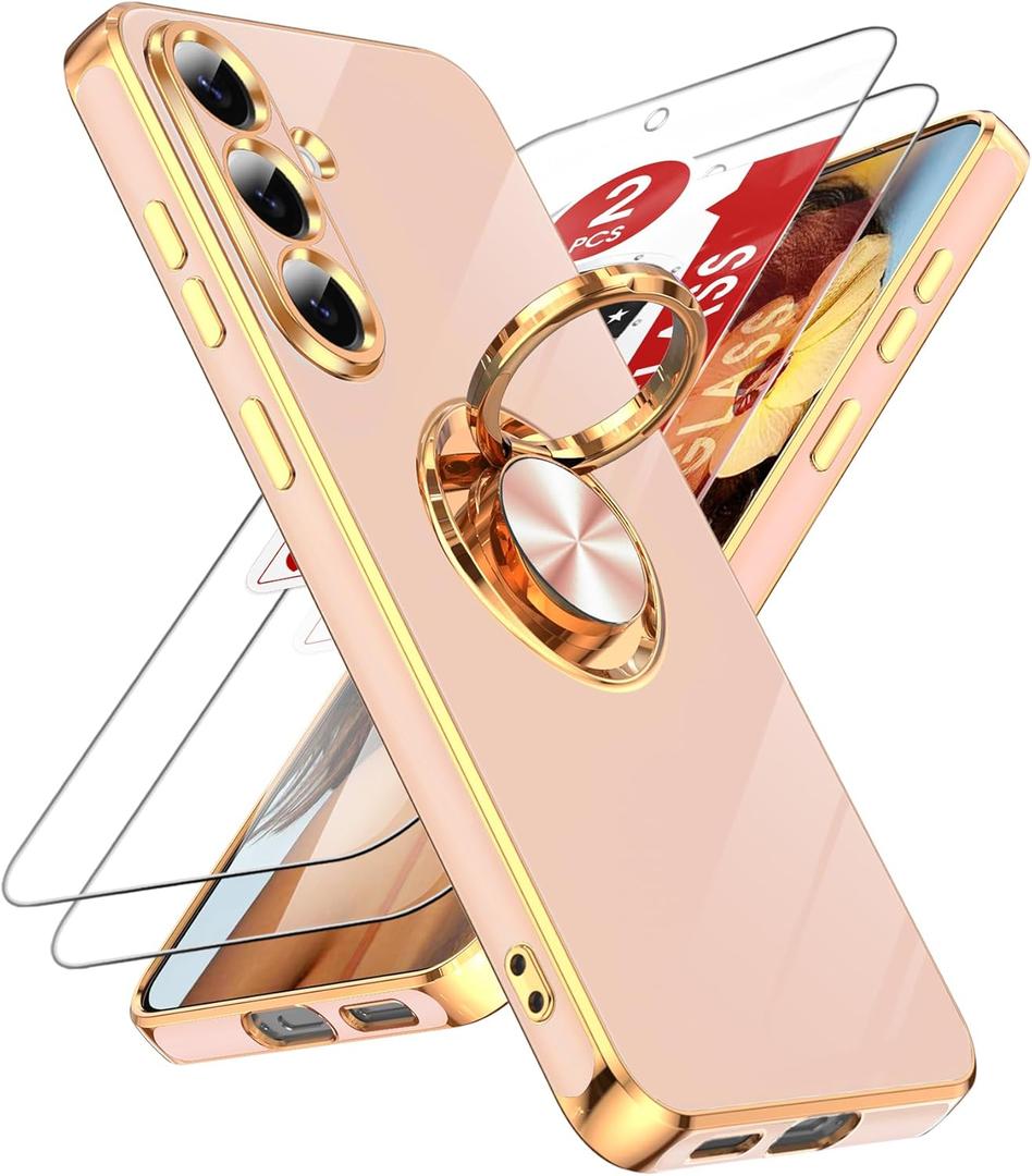 LeYi for Galaxy S25-FE Phone Case: [ ] 1 Pack Tempered Glass Screen Protector and 360 Rotatable Ring Holder Magnetic Kickstand, Plating Rose Gold Edge for Galaxy S 25 FE, Pink