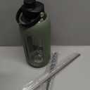 Glass Water Bottles 64 oz - Half Gallon Large Motivational Daily Water Intake Bottle Time Marker - Glass Water Bottle With Straw, Silicone Sleeve 2 Lids, Handle Spout & Bamboo Lid(Olive)