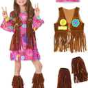 Morph 70s Outfits For Girls, Girl Hippie Costume, 60s Outfits For Girls, Hippie Costume For Kids, Kid Disco Outfit (Medium, Pink)