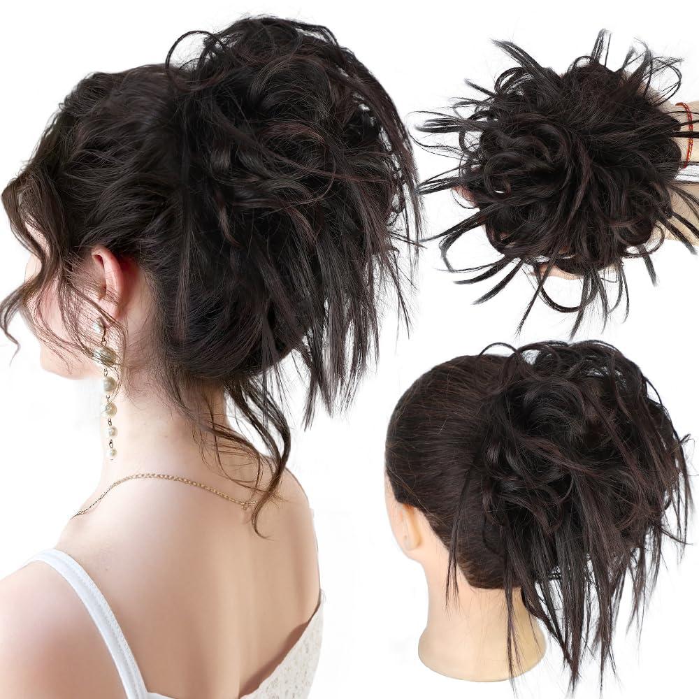 HMD Tousled Updo Messy Bun Hair Piece Hair Extension Ponytail With Elastic Rubber Band Updo Bun Synthetic Hairpieces for Women (Dark Chocolate Brown)