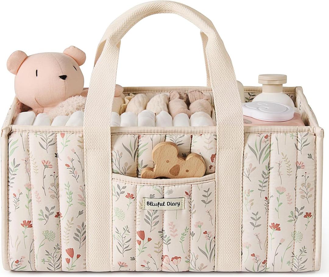 Blissful Diary Floral Diaper Caddy Organizer, Stylish Nursery Storage Basket, Gift for Baby Shower, Newborn Essentials, Floral Beige, 10"D x 15"W x 7"H