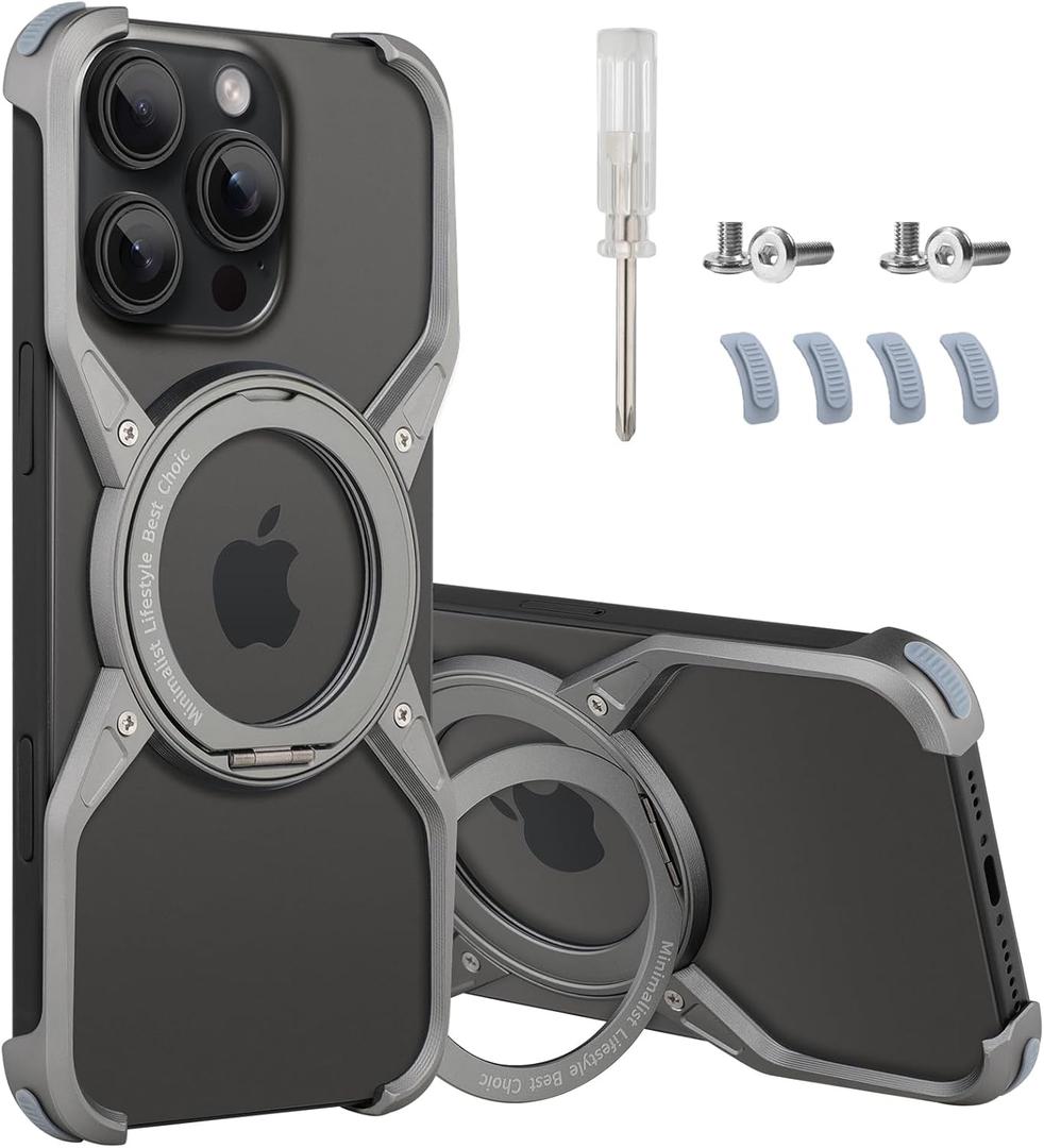 Adaivia Phone Case, Suitable for iPhone 16 Pro Max, Simple Frameless Design, with Magnetic Phone Stand Metal Shell (Titanium Color)