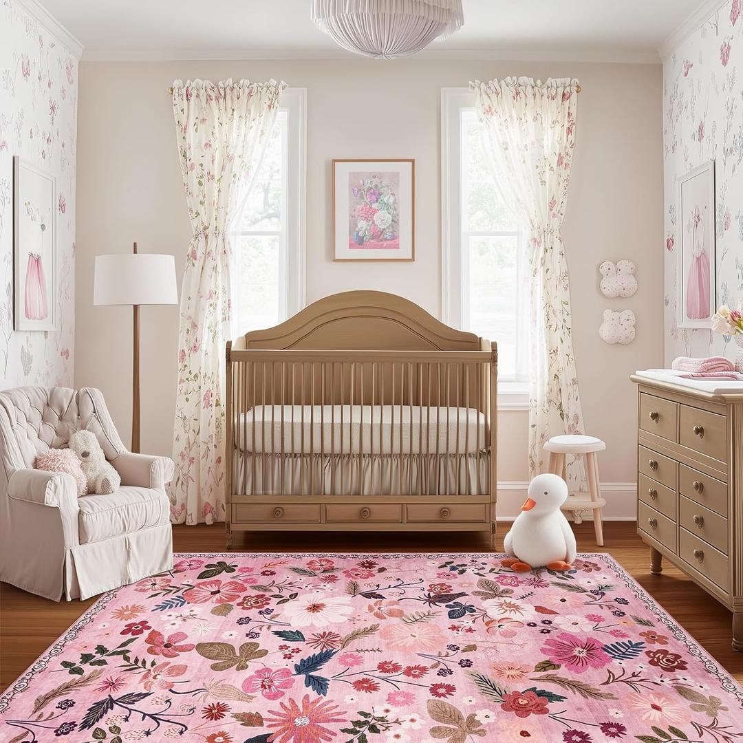 5x7 Area Rug for Nursery Girl Pink Floral Boho Cute Washable Soft Low Pile Non Slip Rugs Vintage Sound Absorbing Stain Resistant Big Carpet Rug for Bedroom Playroom Spring Living Room Dining Room