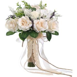 Wedding Bouquets Large for Bride Bridesmaid,White Champagne Artificial Roses Flowers for Wedding Church Decoration (9.5in) (9.5 inches)