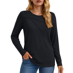 YUCOLEN Womens Long Sleeve Shirts：Pleated Crew Neck Fall Trendy Tops Lightweight Tshirt for Women Casual (Black XXL)