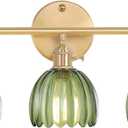Bathroom Light Fixtures, 3-Light Brass Vanity Wall Light Over Mirror with Green Tulip Glass Shade for Bedroom Living Room (Hardwired)