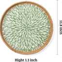 Round Rattan Tray with Mother of Pearl Inlay, Decorative Wicker Serving Tray with Wooden Base, Woven Basket Trays for Bread Fruits Coffee, Leaf