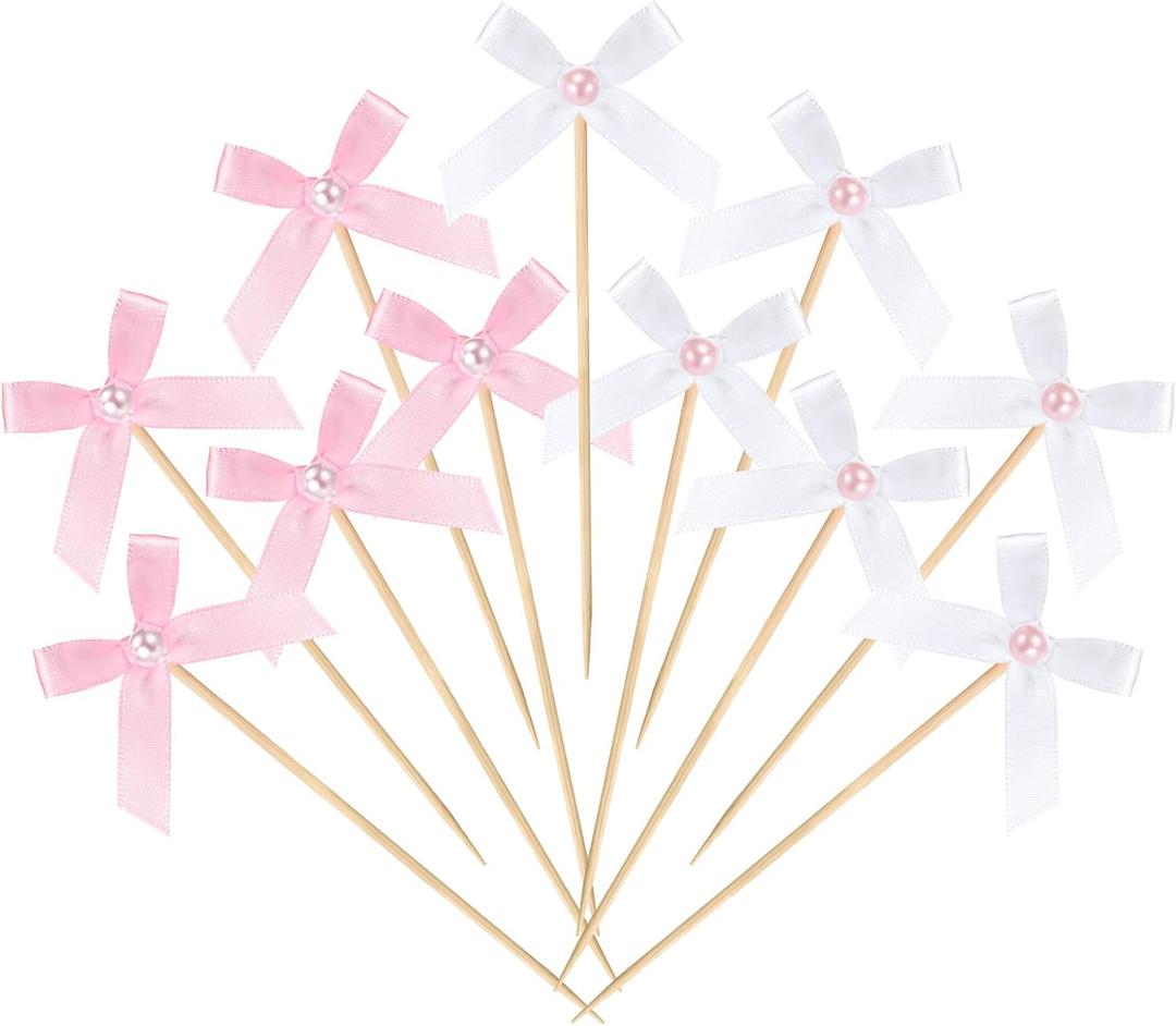 100 Pcs Coquette Bow Pearl Cocktail Picks 4.7" Pink Bow Toothpicks Bowknot Cocktail Appetizer Picks for Fruit Drink Dessert Wedding Party Supplies Bridal Birthday Baby Shower Party Decor(Pink,White)