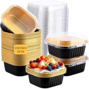 Aoriher 150 Pieces 10 oz Mini Cake Pans with Lids Aluminum Foil Baking Cups Square Disposable 4" x 4" Large Cupcake Cups Baking Tins for Kitchen Brownie Pudding Desserts Holders(Black, Gold)