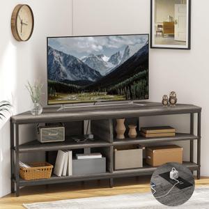 MUTUN Corner TV Stand with Power Outlet, Corner TV Stand for 32 43 50 55 60 Inch TV, Corner Entertainment Center, Industrial TV Console Table for Living Room Bedroom, 55 Inch, Grey Oak