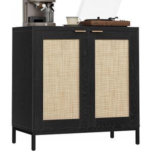 Buffet Cabinet with Rattan Decorated Doors, Buffet Table with Storage, Sideboard with Adjustable Shelves, Coffee Bar Cabinet Cupboard for Living Room, Kitchen, Entryway, Black
