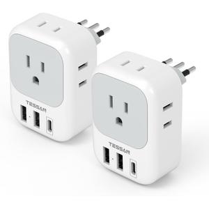 Italy Travel Plug Adapter 2 Pack, TESSAN Italy Power Adaptor with 4 Outlets 3 USB Charger (1 USB C Port), Type L Adapter for US to Chile Ethiopia Libya Syria Tunisia Uruguay