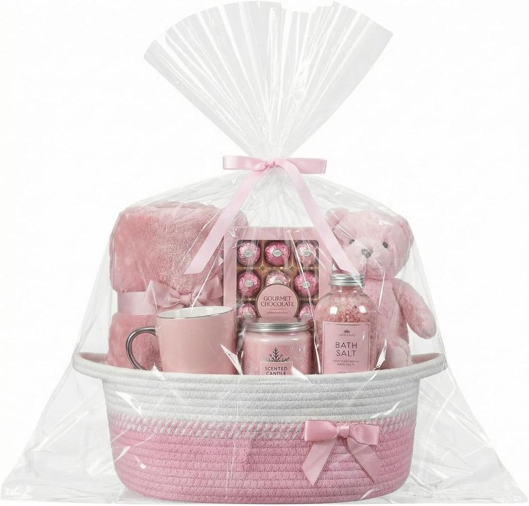 Colingmill Mother's Day Woven Gift Basket Empty for Women with Handles Ribbons Bow Tie Bag, Decorative Woven Gift Basket for Mom, Rope Storage Box Home Decor(14 x 10 x 5.5 Inch,Pink White)