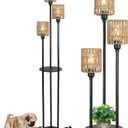 Boho Floor Lamp with Shelves, 3-Lights Farmhouse Tall Floor Lamp with ON/Off Foot Switch, Rustic Standing Lamp with Rattan Shades for Living Room Bedroom Office