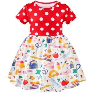 AlisOker Toddler Girls Back to School Dress Casual Flutter Sleeve Swing Midi Kids Summer Sundress School Outfit 4-8 Years