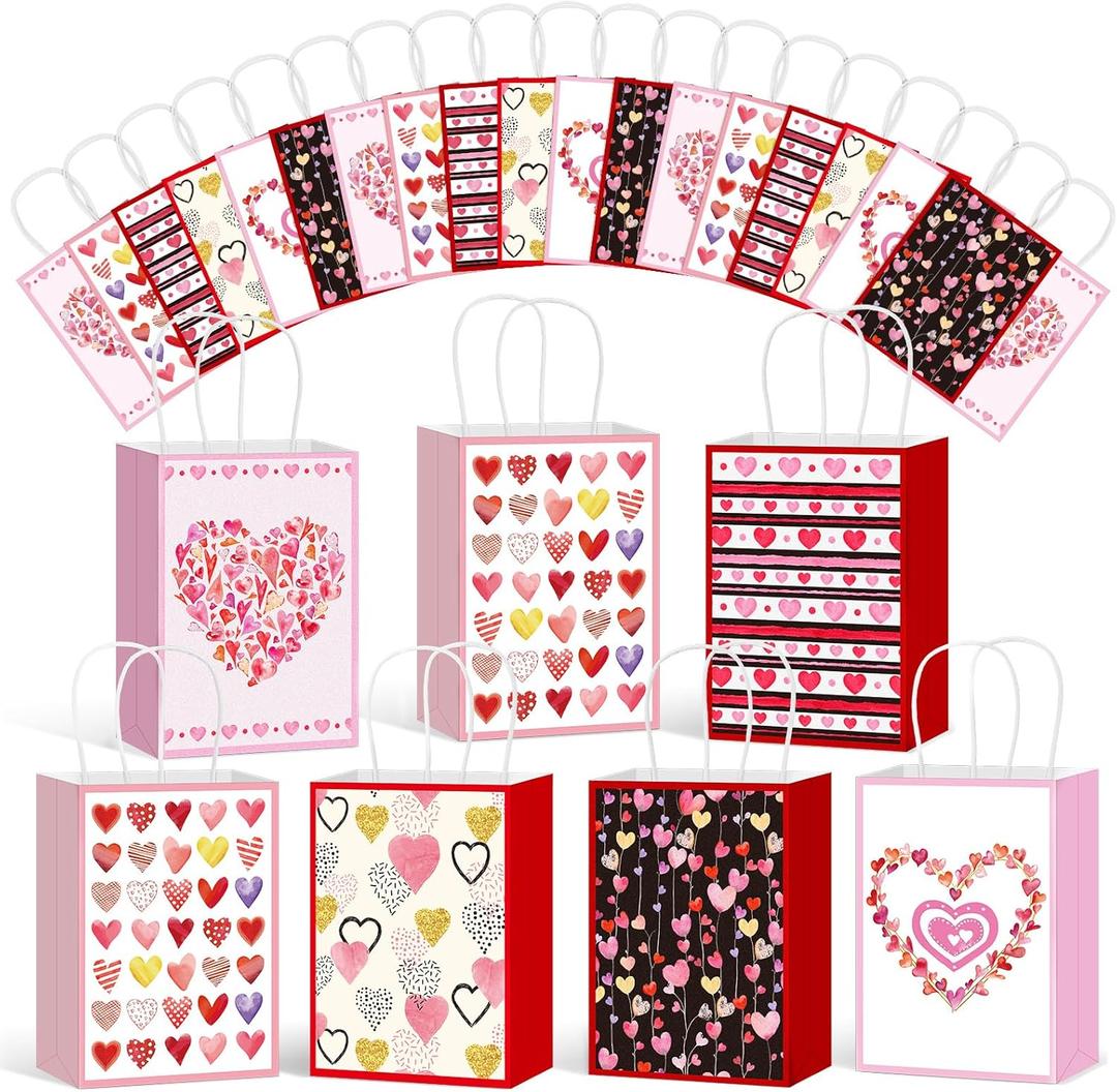 Motipuns 30 Pcs Valentines Day Heart Gift Bag with Handles Valentines Goodie Bags Bulk Valentine's Day Paper Party Treat Bags for Wedding Holiday Party Gift Giving Classroom Exchange Prizes
