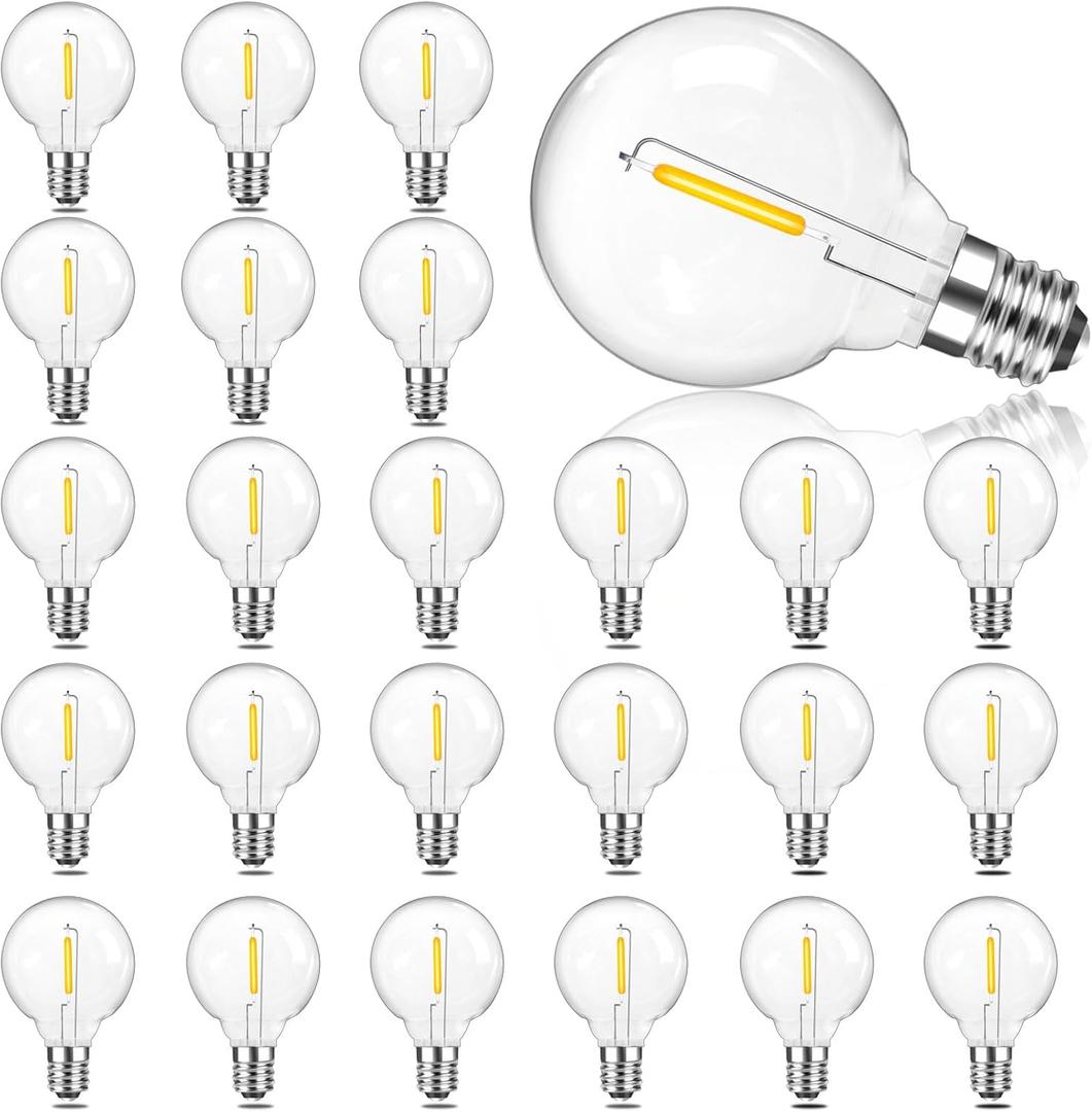 G40 LED Replacement Light Bulbs, 1W E12 Screw Base Shatterproof Clear Small Globe Light Bulbs for Indoor Outdoor String Lights, Patio Porch Garden Decor, 1.57 inch, Warm White, 25 Pack
