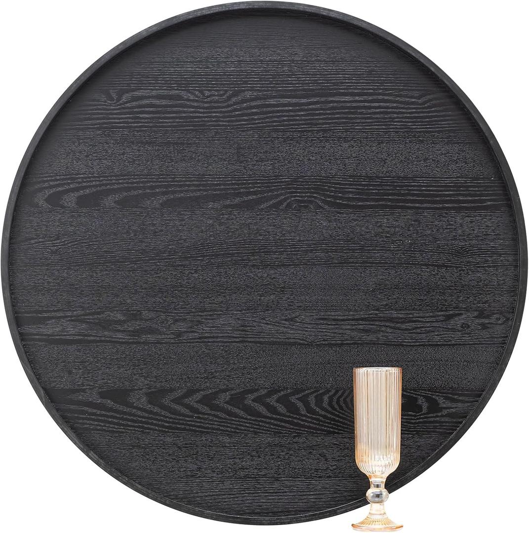 24 inch Round Solid Wood Serving Tray Extra Large Tea Coffee Snack Food Meals Serving Plate Non-Slip Kitchen Party Bar Server Ottoman Tray Breakfast Tray with Raised Edges Black