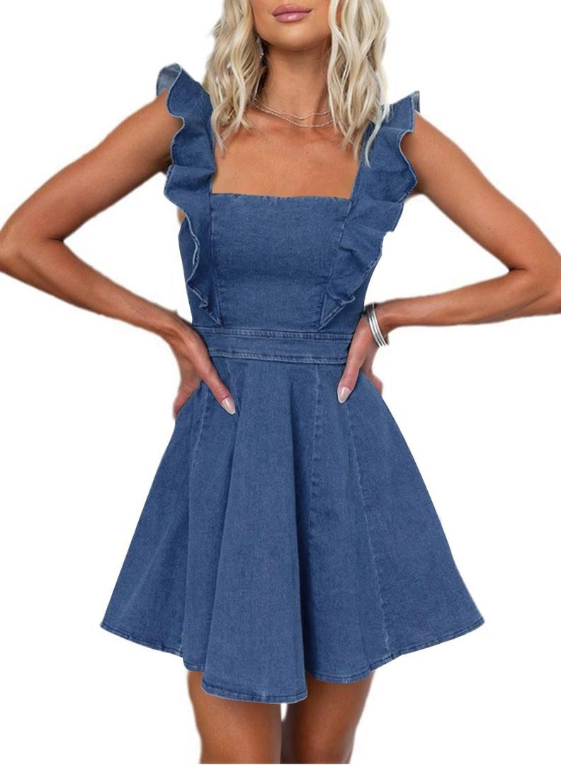 utcoco Denim Dress for Women Ruffle Adjustable Strap Sleeveless Backless Babydoll Mini Jean Dresses (X-Small, Dark Blue)