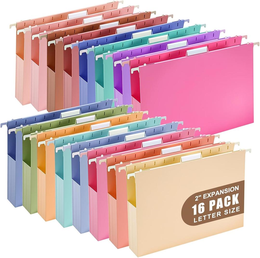 16 Pack Extra Capacity Plastic Hanging File Folders Letter Size Heavy Duty 2 Inch Expansion Reinforced Hang Folder with 1/5-cut Tabs Filing Cabinet Folders for Office Home (Multicolor)