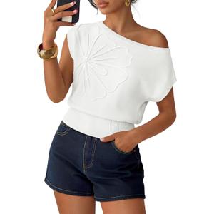 ZESICA Women's Summer Off Shoulder Short Sleeve Sweater Vest 2026 Floral Knit Loose Going Out Tops Trendy Cute Clothes, White, X-Large