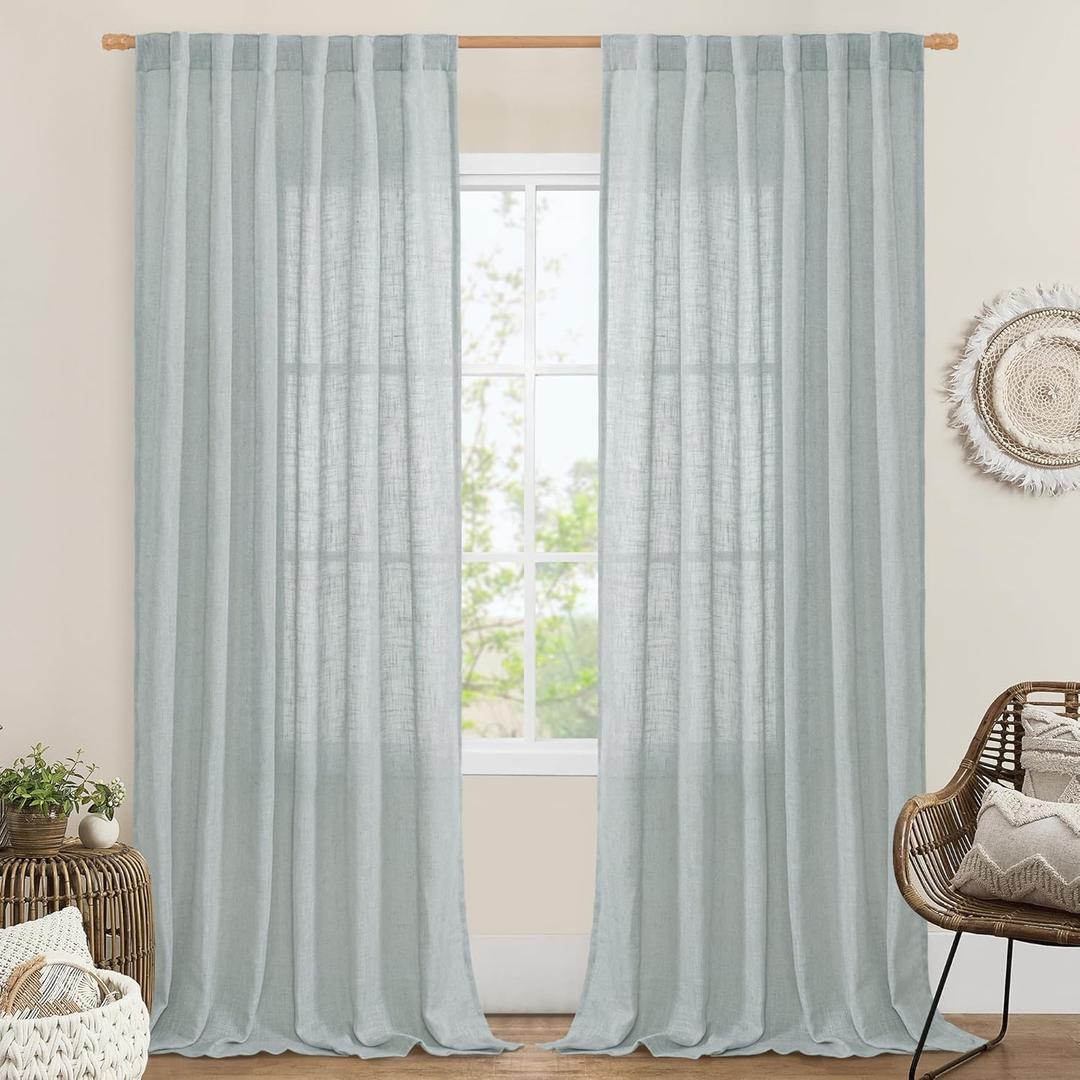 LAMIT Linen Curtains 108 Inches Long for Living Room, Back Tab and Rod Pocket Linen Textured Sheer Curtains Light Filtering Curtains for Boho Farmhouse, 2 Panels, 52 x 108 Inch, Greyish Blue
