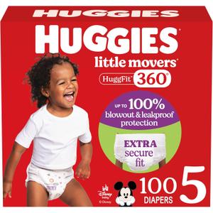 Huggies Size 5 Baby Diapers, Little Movers HuggFit 360° Baby Diapers with 360° Waistband, Size 5 (27+ lbs), 100 Count