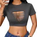 Remidoo Women's Sexy Lace Up Crop Top Short Sleeve Cropped T Shirt Cutout Graphic Tee (Gray, S)