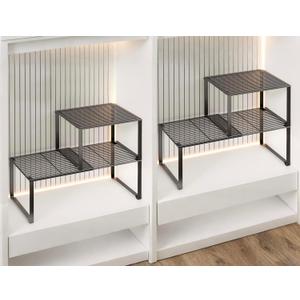 Extendable Metal Wire Shelf Organizer - Adjustable 15-24.4 In Length, Stackable Storage Rack for Kitchen/Pantry/Bathroom/Shoe Cabinet/Tool Closet (4, Black)