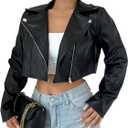 OYOANGLE Women's PU Leather Cropped Jacket Zip Up Motorcycle Jackets Coat (X-Large, Black)