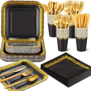 meekoo 350 Pcs Black Plastic Dinnerware Set Disposable Paper Plates for 50 Guests 9in and 7in Dinner Dessert Plates Napkins Gold Rimmed Cups Knives Forks Spoons for Party Wedding(Square)