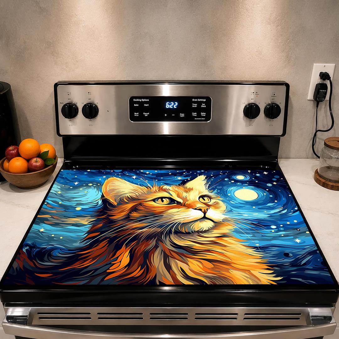 Stove Top Covers for Electric Stove, Decorative Starry Night Orange Cat - Heat Resistant Glass Stove Top Cover, Scratch Protector Mat for Glass Cooktop, Non-Slip Drying and Counter Mat, 28"x20"