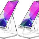 KTRIO 2 Pack Acrylic Cell Phone Stand Holder for Desk, Clear Phone Dock Cradle Compatible with iPhone 16/15/14/13 Pro Max 12/11 XR, All Smartphones, Office Accessories